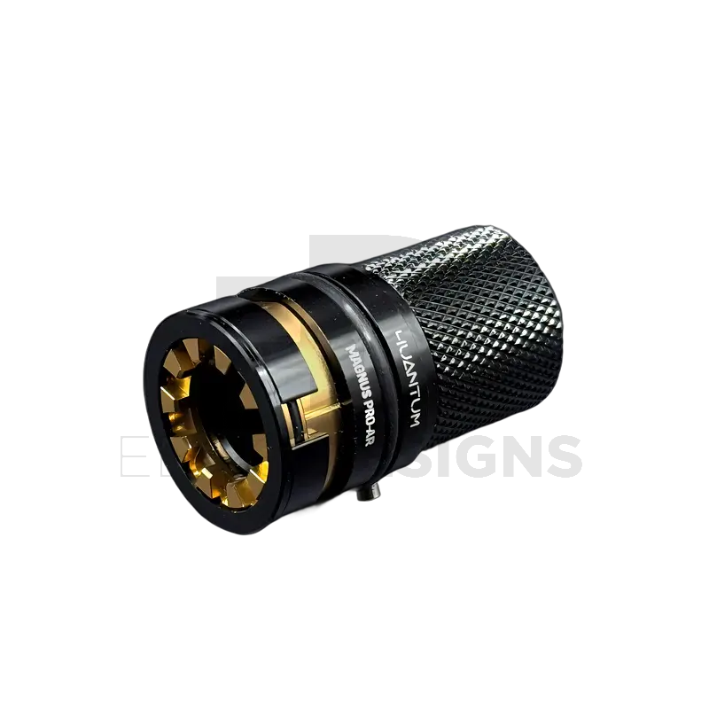 4uantum Magnus Pro precision TDC hop-up chamber for VFC and GHK AR GBB rifles, black knurled body with gold internal collet