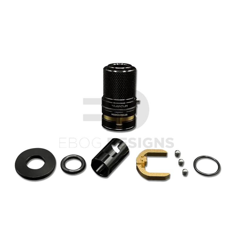 4uantum Magnus Pro AR hop-up chamber shown assembled with its disassembled parts below, washer, O-rings, collet sleeve, brass TDC arm and ball bearings