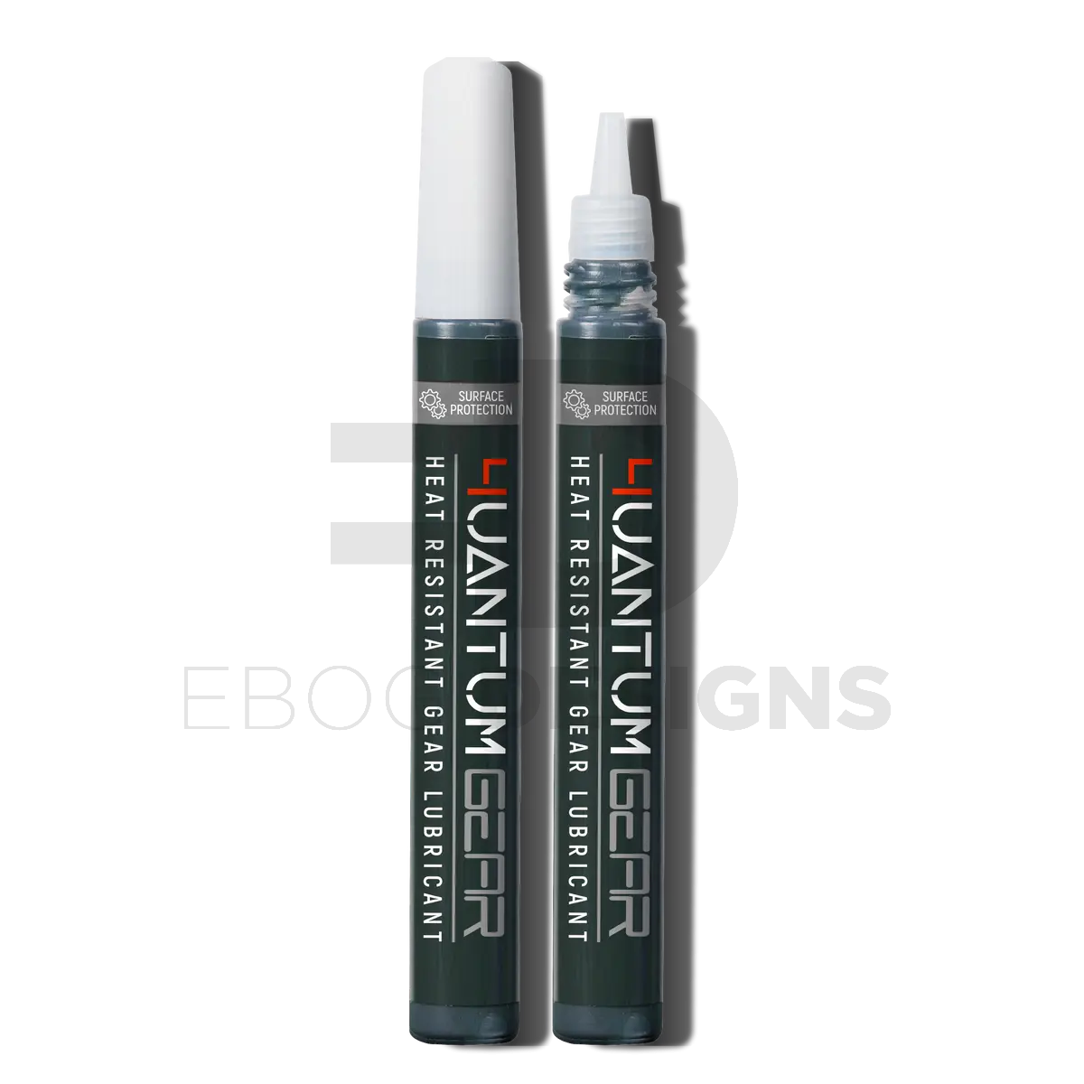 4uantum Heat Resistant Gear Lubricant, two dark green applicator pen bottles, one capped and one with the precision nozzle exposed