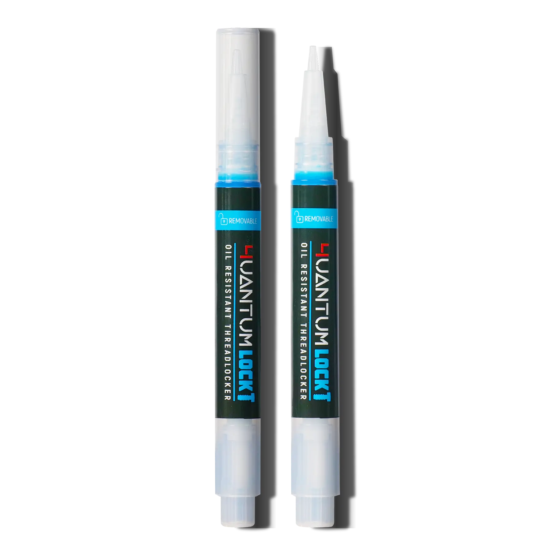 4uantum Lock blue semi-permanent threadlocker, two oil-resistant removable threadlocker applicator pens with blue liquid and precision nozzles