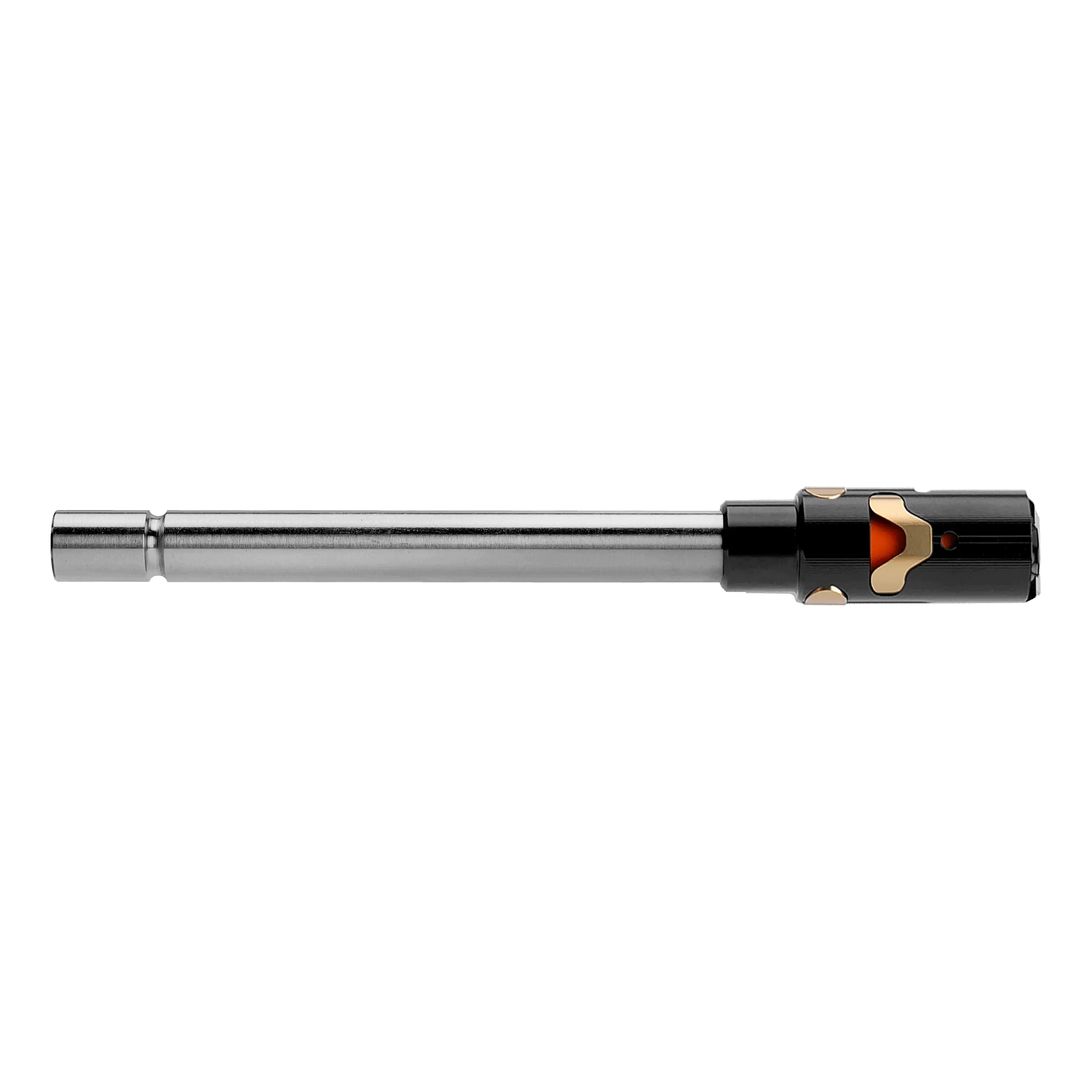 4uantum Magnus Pro 2011 hop-up chamber mounted on an inner barrel, end-on view showing the orange bucking and brass collet