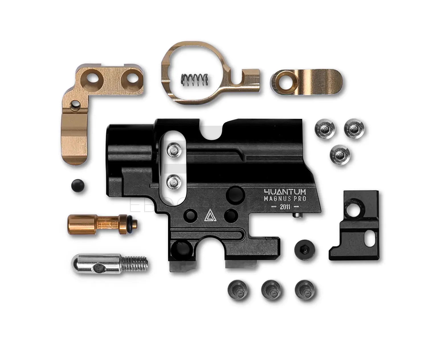 4uantum Magnus Pro 2011 hop-up chamber full parts breakdown, black chamber body with brass arms, springs, collet, bearings and screws laid out