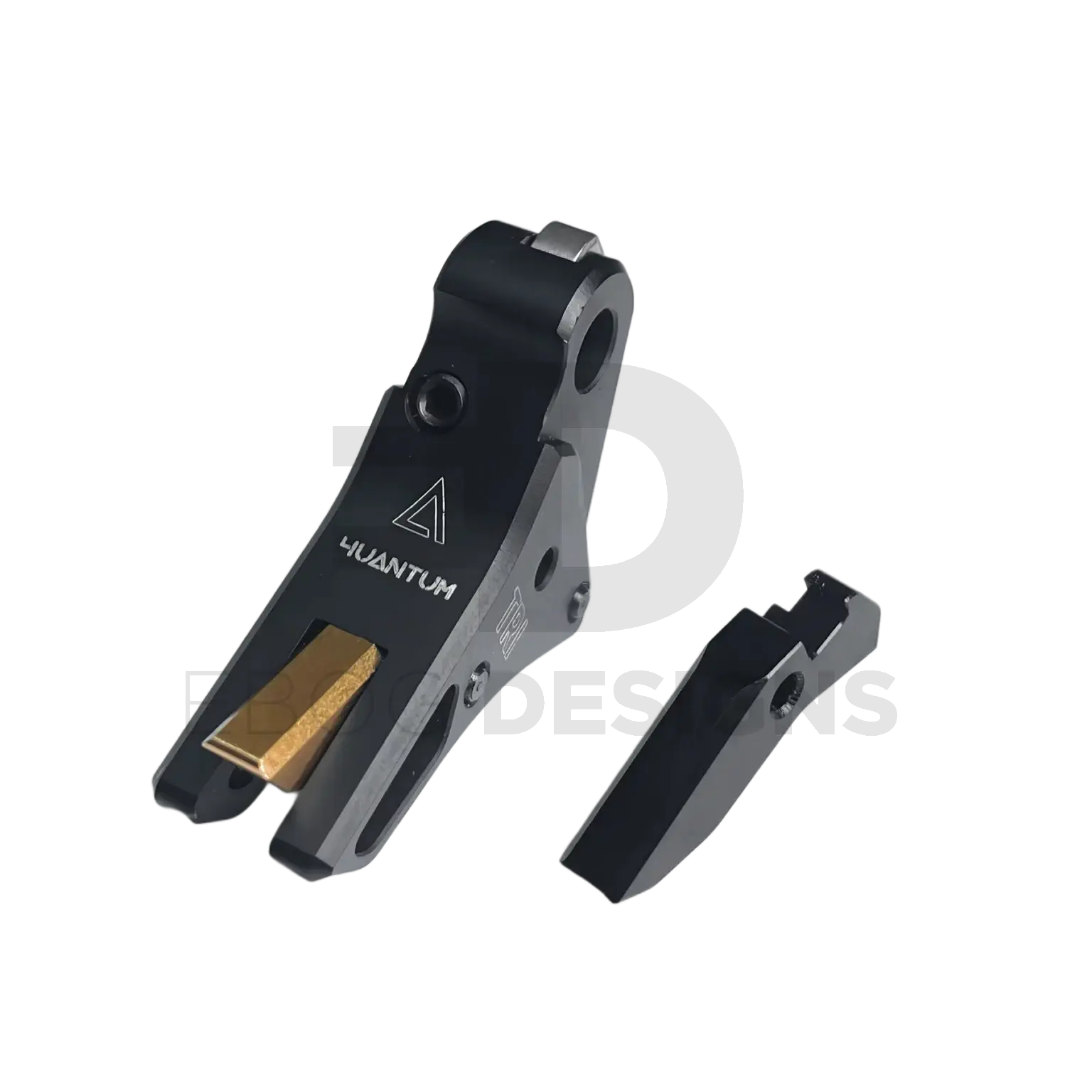 4uantum Performance custom flat trigger for AAP-01 and Glock series, black trigger assembly with gold adjuster alongside the separate trigger shoe