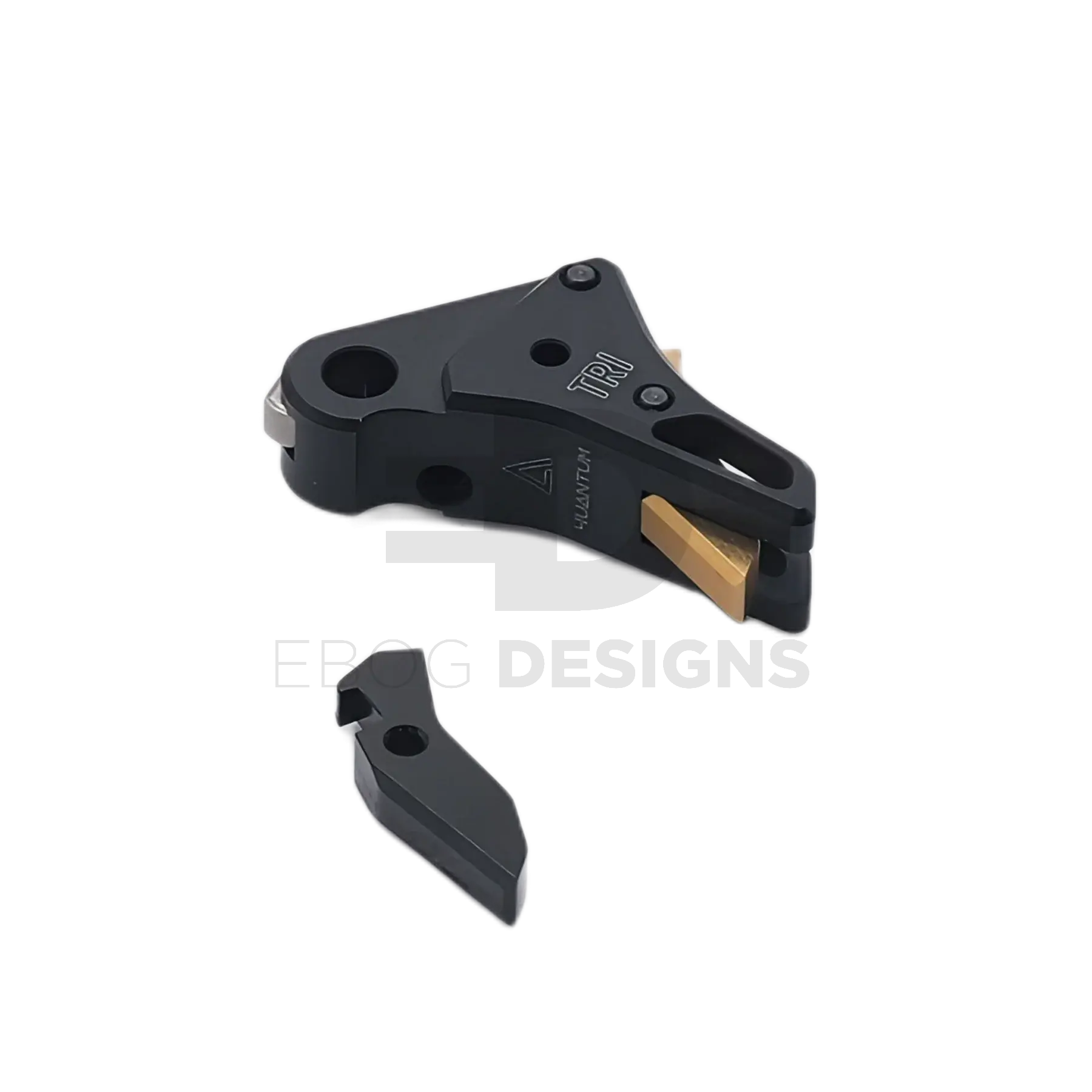 4uantum Performance flat trigger for AAP-01 and Glock, side angle of the black trigger assembly with gold adjuster and the separate trigger shoe