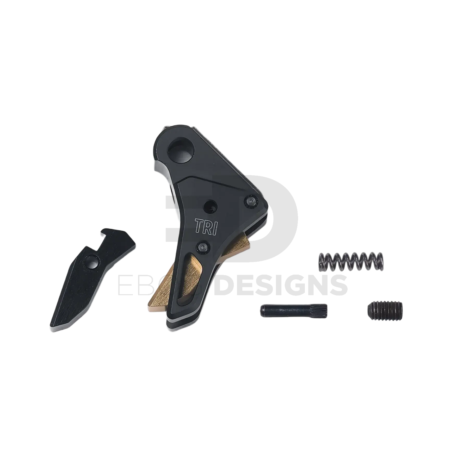4uantum Performance flat trigger for AAP-01 and Glock full kit laid out, trigger assembly, trigger shoe, spring, pin and grub screw