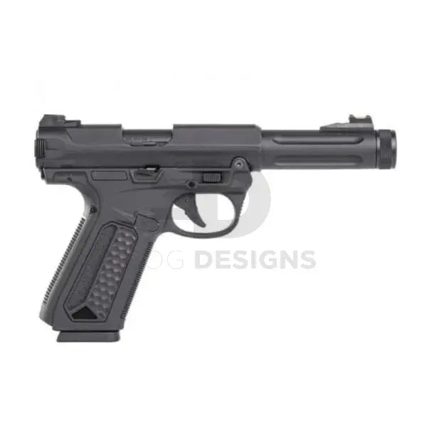 Action Army AAP-01 gas blowback airsoft pistol in black, right-side profile, showing the threaded muzzle, slide and textured grip
