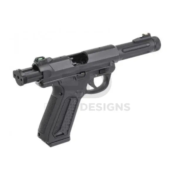 Action Army AAP-01 airsoft pistol in black with the slide locked back, showing the open ejection port, inner barrel and green fibre-optic sight