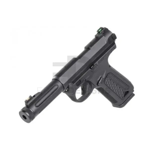 Action Army AAP-01 airsoft pistol in black, angled three-quarter view from the muzzle, showing the threaded barrel and textured grip