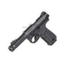 Action Army AAP-01 airsoft pistol in black, angled three-quarter view from the muzzle, showing the threaded barrel and textured grip