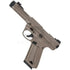 Action Army AAP-01 gas blowback airsoft pistol in tan, shown from another angle with the threaded muzzle, slide and textured grip