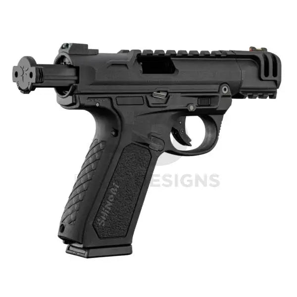 Action Army AAP-01C Shinobi compact gas blowback airsoft pistol in black, angled view