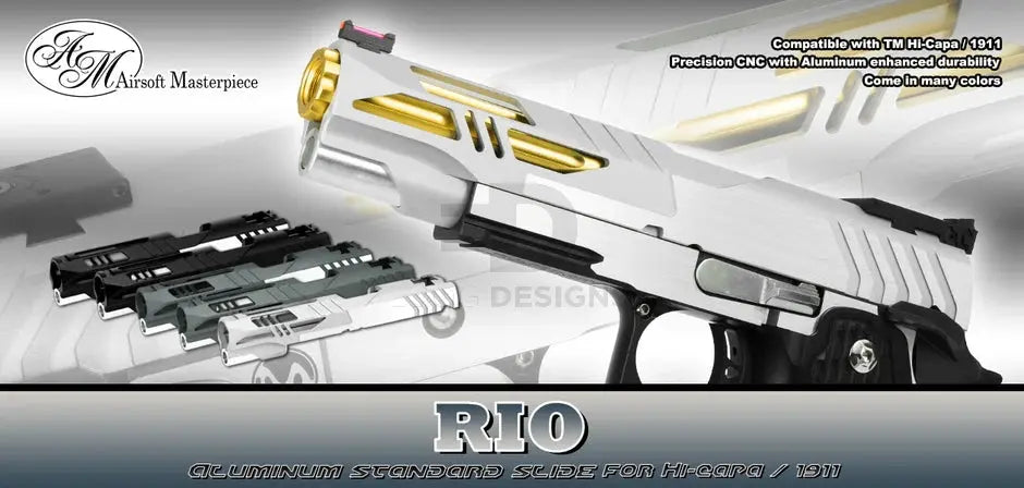 Airsoft Masterpiece RIO aluminium standard slide promo banner showing it fitted to a Hi-Capa pistol and the available colour range