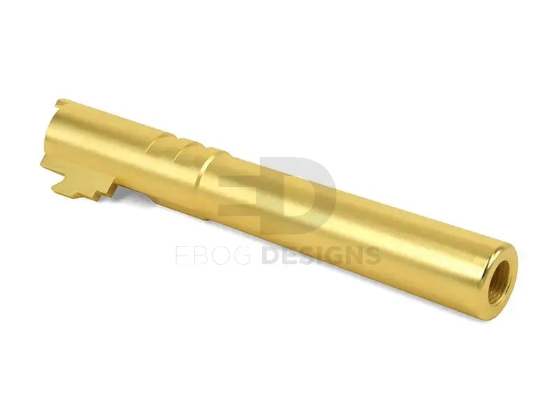 Airsoft Masterpiece .45 ACP threaded steel fixed outer barrel for Hi-Capa 5.1, gold, muzzle thread close-up