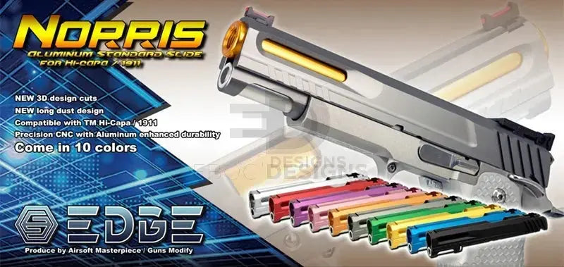 EDGE Custom NORRIS standard slide promo banner showing the 10-colour range and design features, for Tokyo Marui Hi-Capa and 1911
