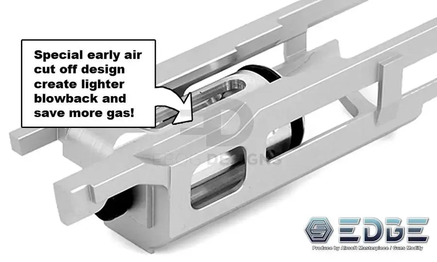 EDGE Ultra Light blowback housing infographic highlighting the early air cut-off design for lighter blowback and gas saving