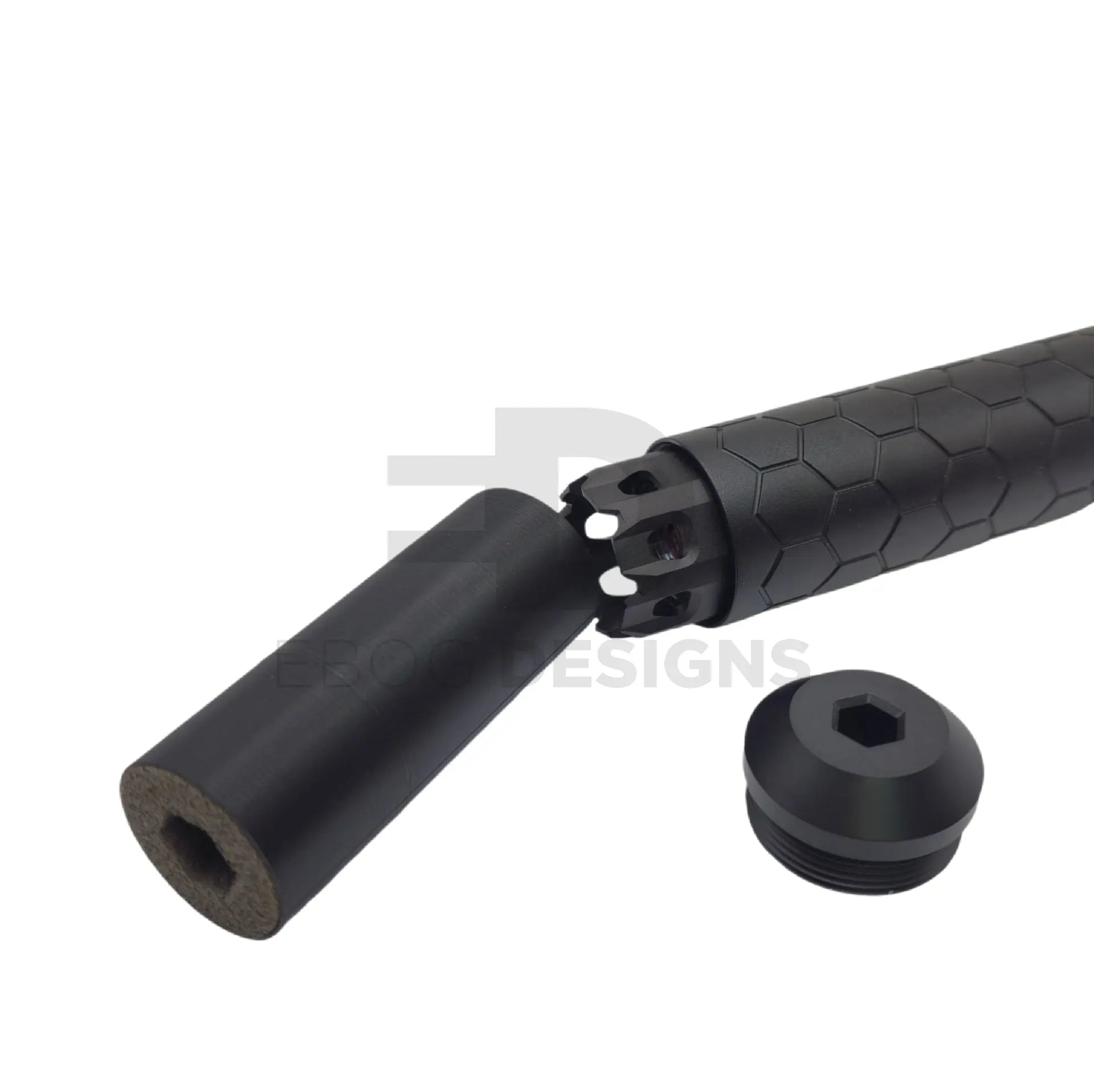 Ebog Designs BiFrost tracer insert offered up to the Acetech BiFrost tracer at the muzzle of the long Hexx suppressor