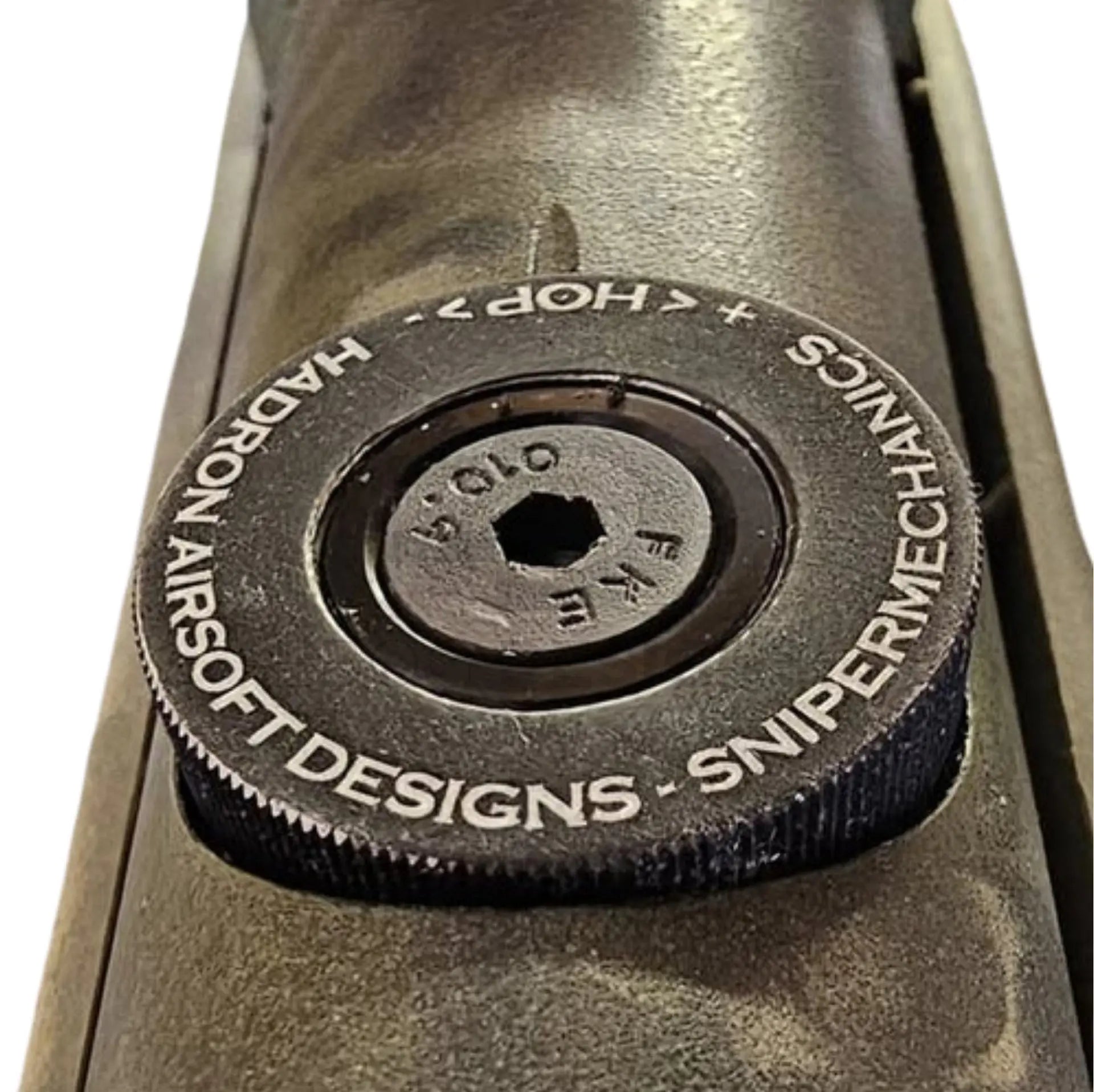 Hadron Designs and Sniper Mechanics Tac-41 Medusa Slim hop adjustment dial in black, slimline version, shown from another angle