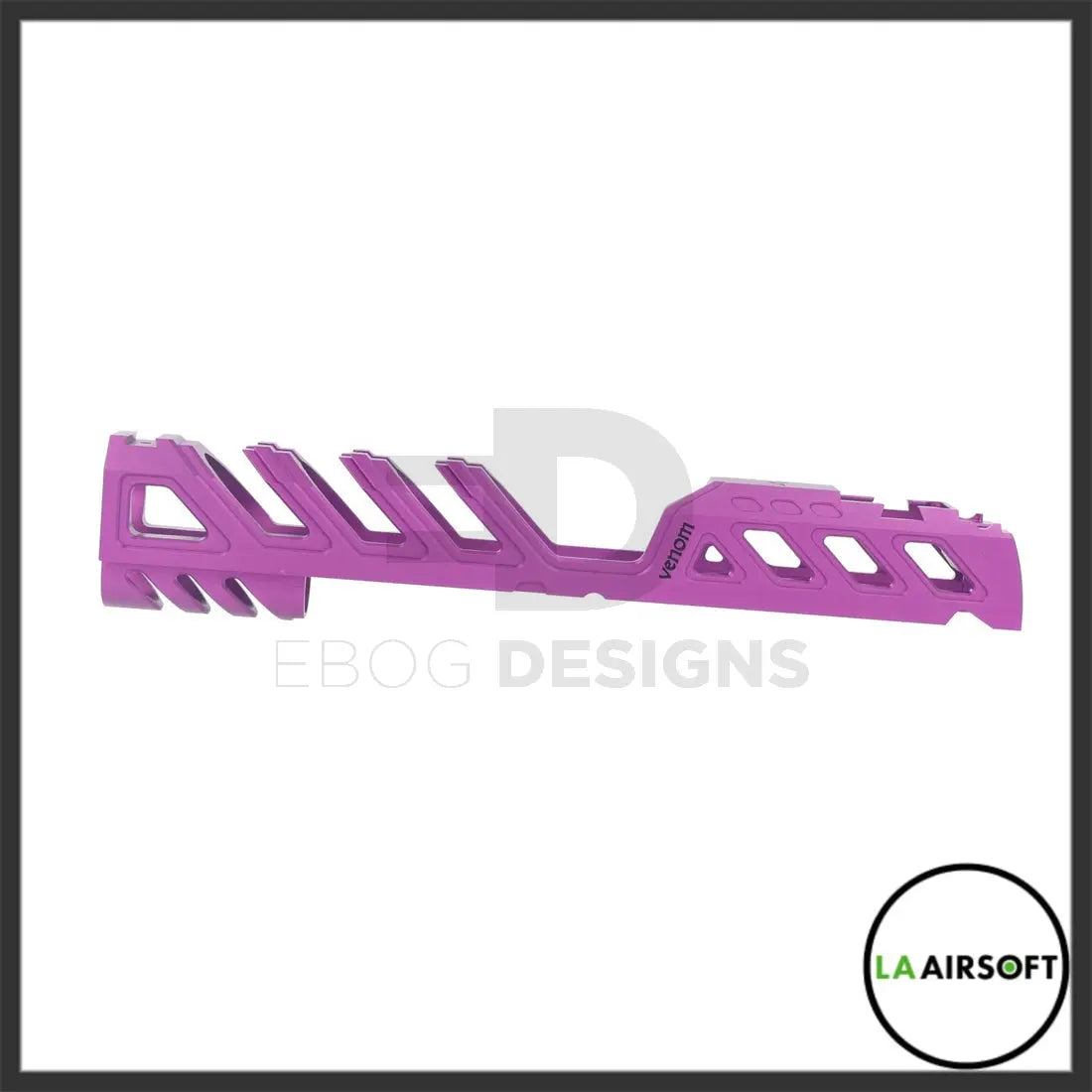 LA Capa Customs 5.1 Venom aluminium slide for Hi-Capa, purple, side profile showing cutout pattern and Venom engraving