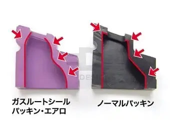 Nine Ball enhanced magazine lip seal comparison diagram, the purple aero gas-route seal versus the standard black packing