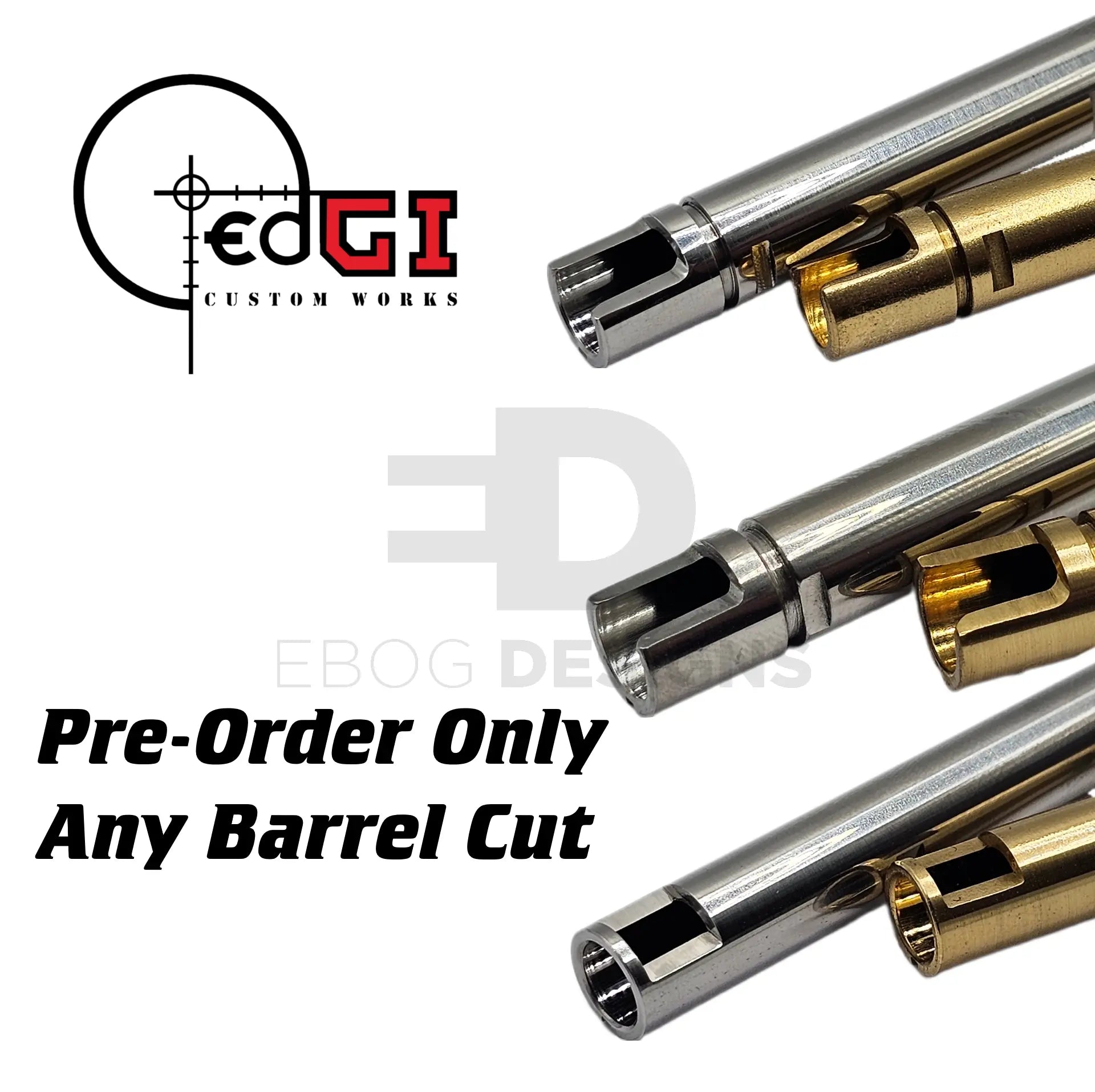 Edgi Custom Works precision airsoft inner barrel, pre-order in any length and barrel cut, available in stainless steel or brass, shown chamber-end