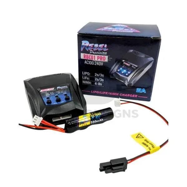 Rebel RBC01 Pro compact smart charger with its box and a battery on the charging lead, showing the charger in use