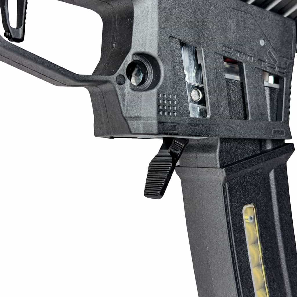 CTM MP5 magazine adapter fitted to an M4XIMUS-equipped pistol frame with an MP5 magazine inserted