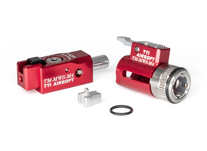 TTI TM MWS M4 7075 one-piece full-CNC TDC hop-up chamber and adjuster set in red, engraved TM-MWS-M4 TTI Airsoft, with hop nub and O-ring