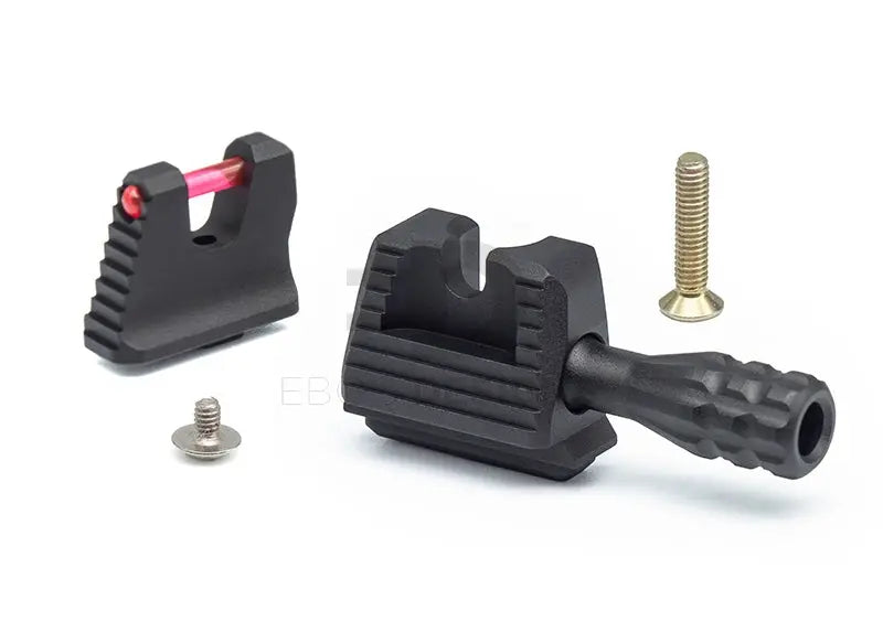 TTI high sight set with switchable charging handle for Tokyo Marui Glock and TP22 GBB pistols, in black, with a red fibre-optic front sight, rear sight body, charging knob and screws