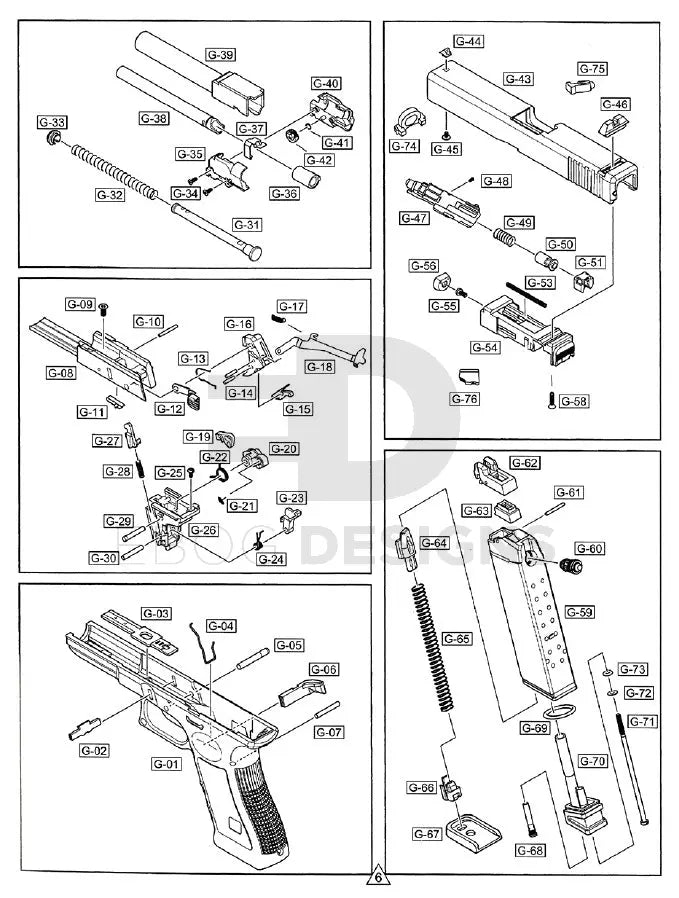 WE Glock G-series exploded parts diagram showing the slide, frame, hammer unit and magazine part numbers