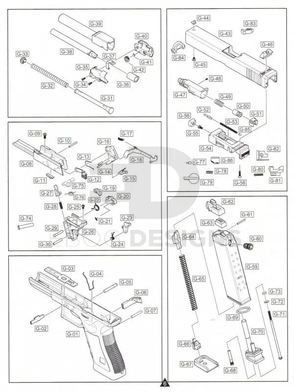 WE Glock G-series exploded parts diagram showing the slide, frame, hammer unit and magazine part numbers