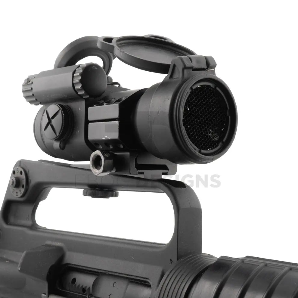 Waldo Dynamics Griffin carry-handle optic mount in use, with a red dot sight mounted on an AR-15 carry handle