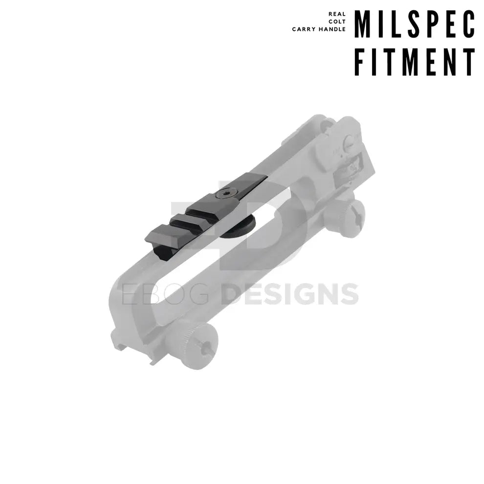 Waldo Dynamics Griffin carry-handle optic mount on an AR-15 carry handle, captioned milspec fitment for a real Colt carry handle