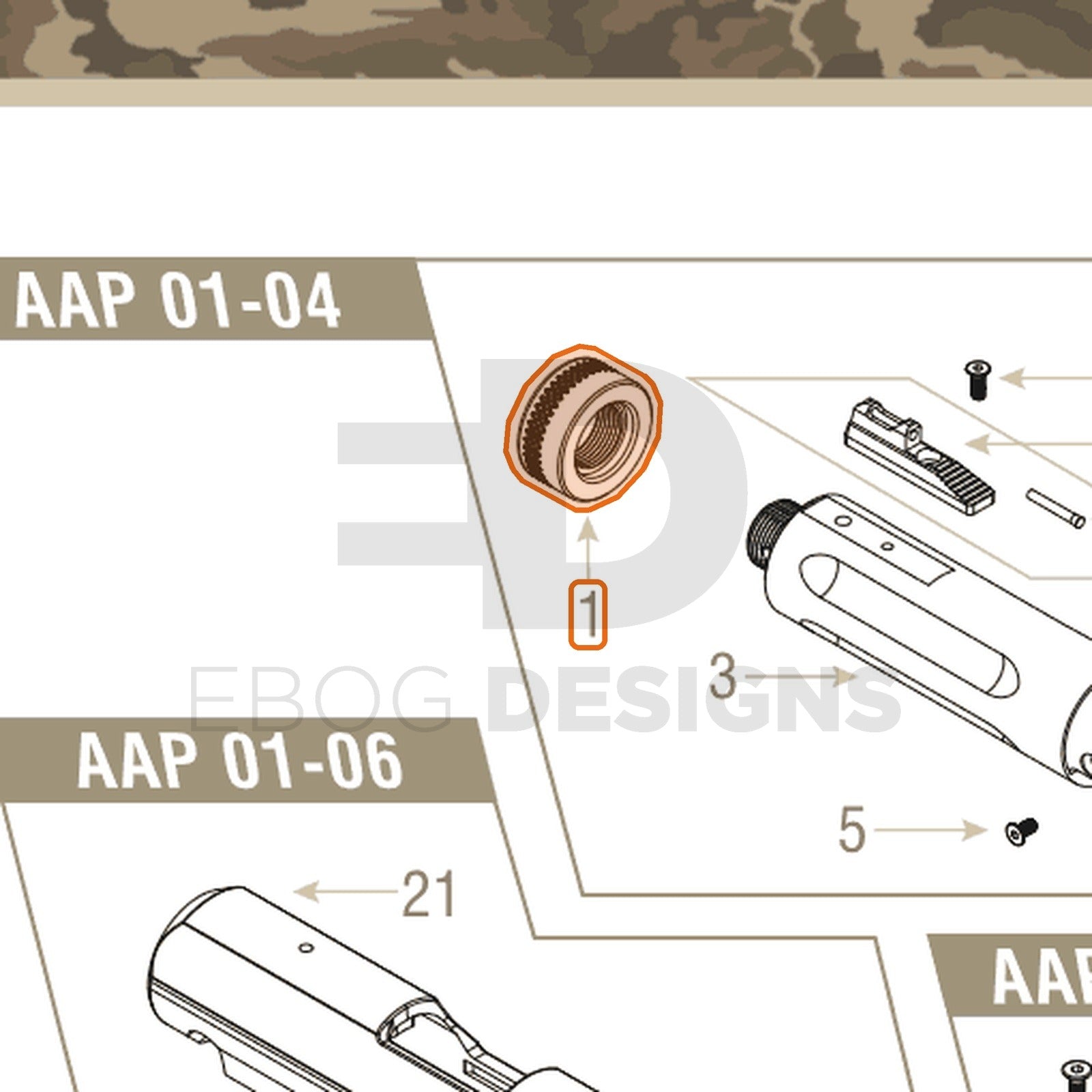 Action Army AAP-01 parts diagram with the thread protector, part 1, outlined