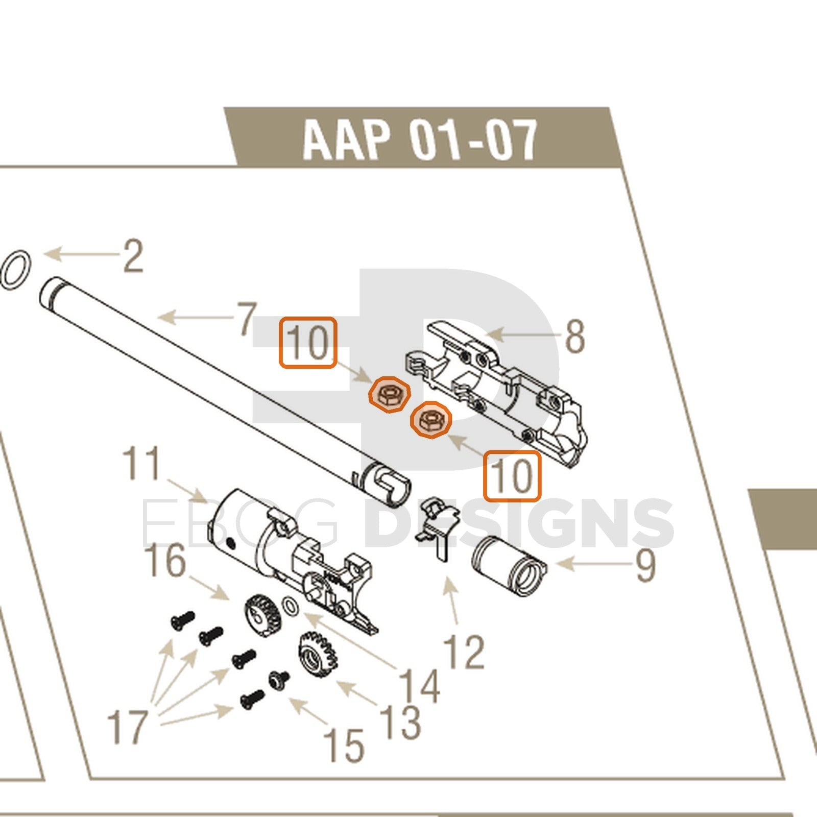 Action Army AAP-01 parts diagram with the pair of hop chamber nuts, part 10, outlined