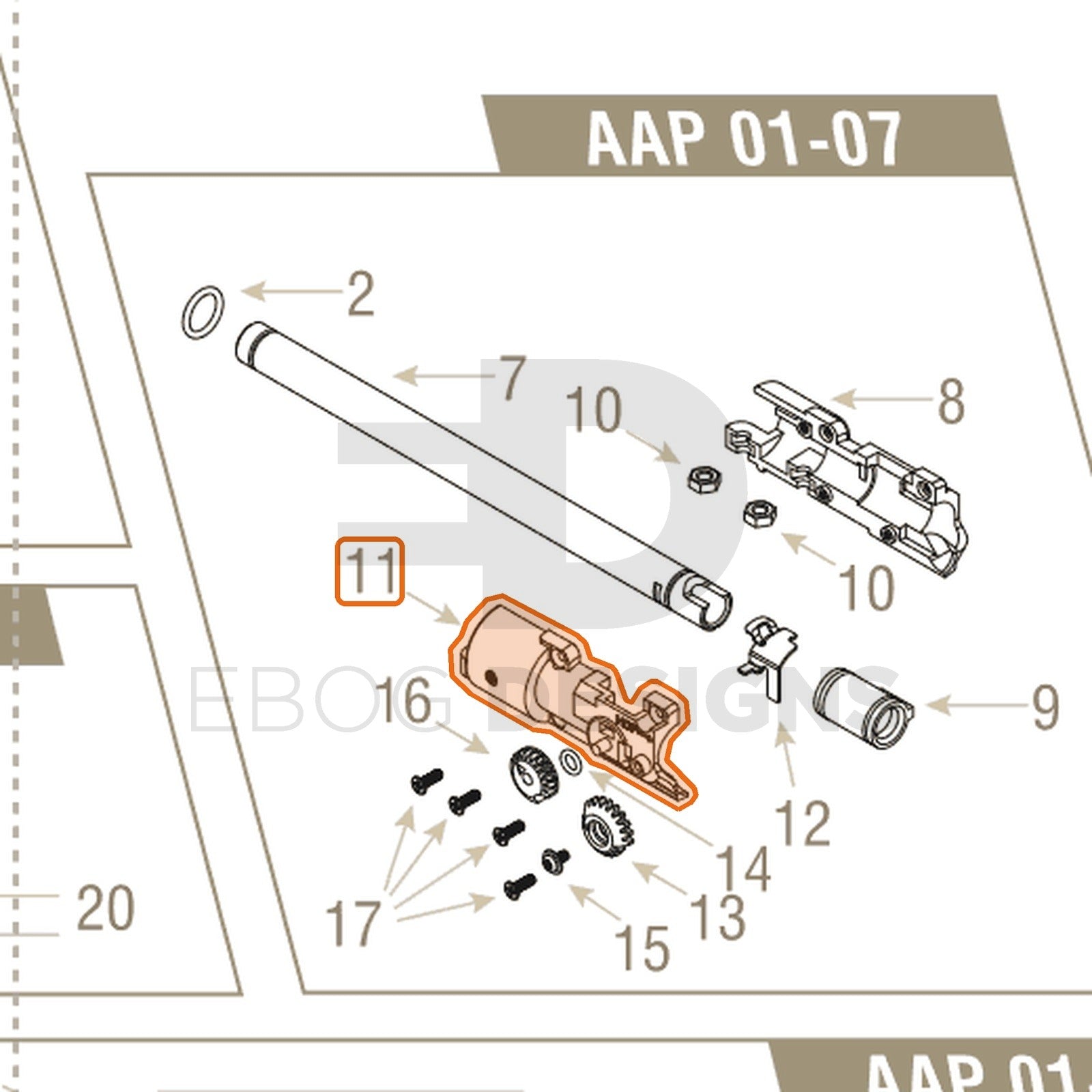 Action Army AAP-01 parts diagram with the hop chamber right side, part 11, outlined