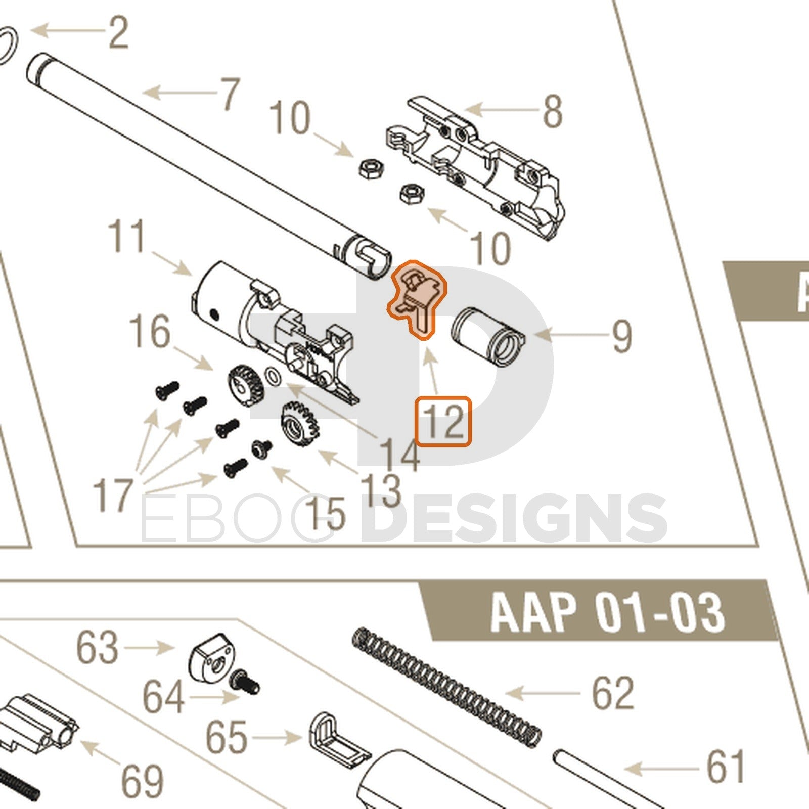 Action Army AAP-01 parts diagram with the hop chamber arm, part 12, outlined