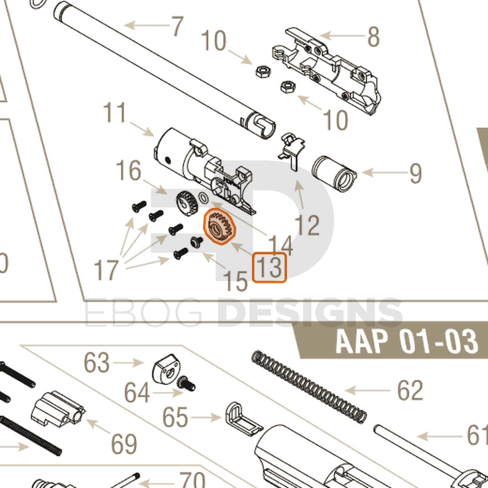Action Army AAP-01 parts diagram with the hop chamber adjustment wheel, part 13, outlined