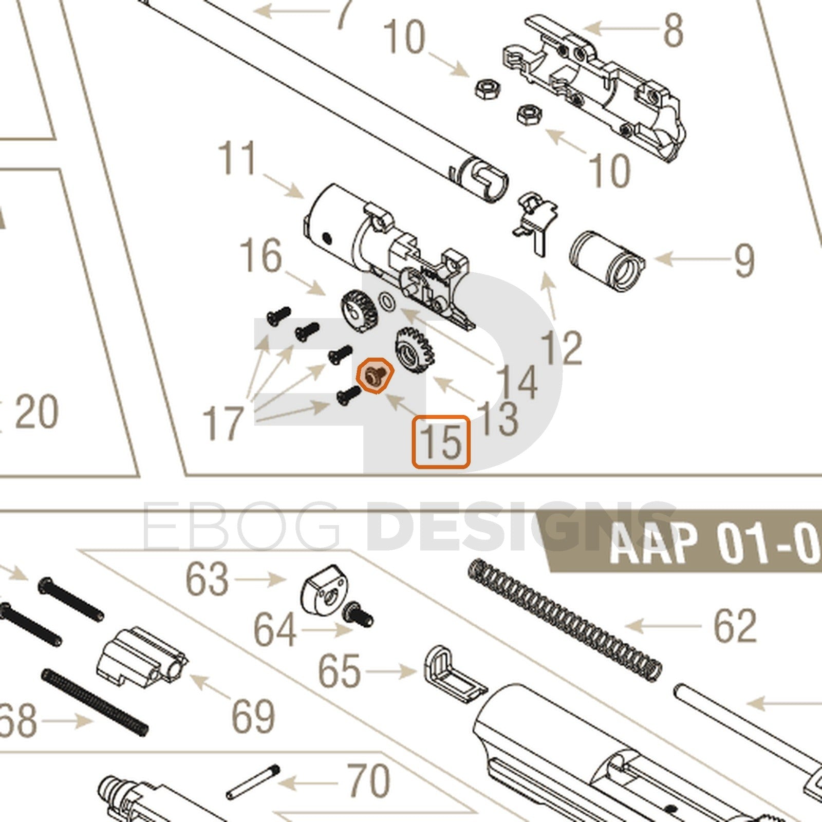 Action Army AAP-01 parts diagram with the hop chamber wheel screw, part 15, outlined