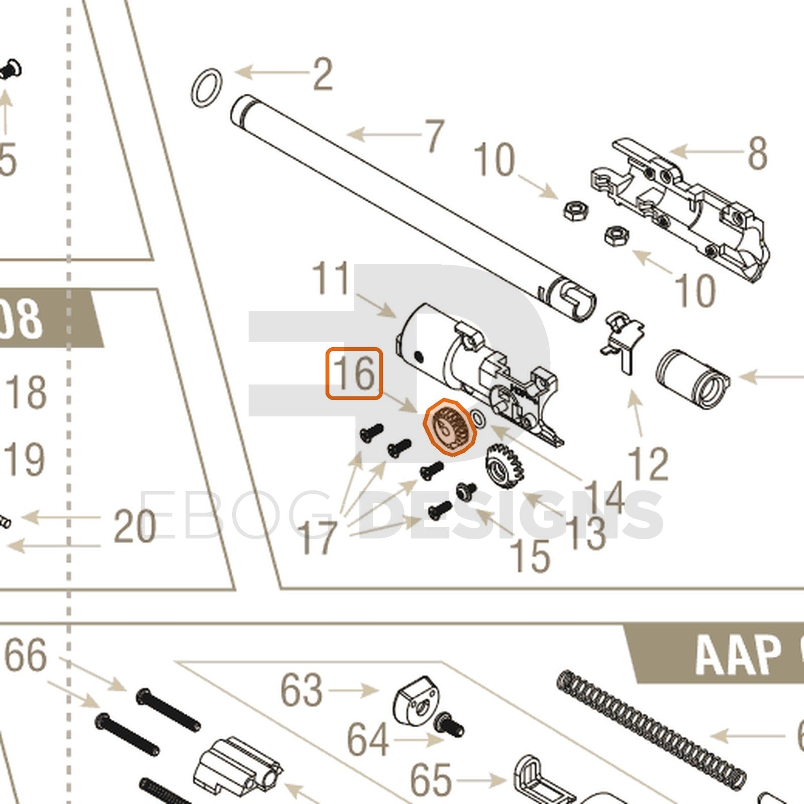 Action Army AAP-01 parts diagram with the hop chamber arm wheel, part 16, outlined