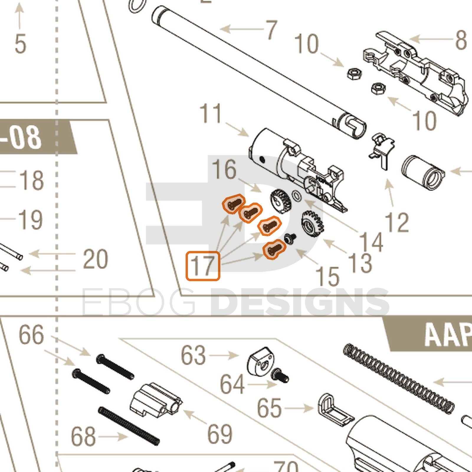 Action Army AAP-01 parts diagram with the set of four hop chamber bolts, part 17, outlined