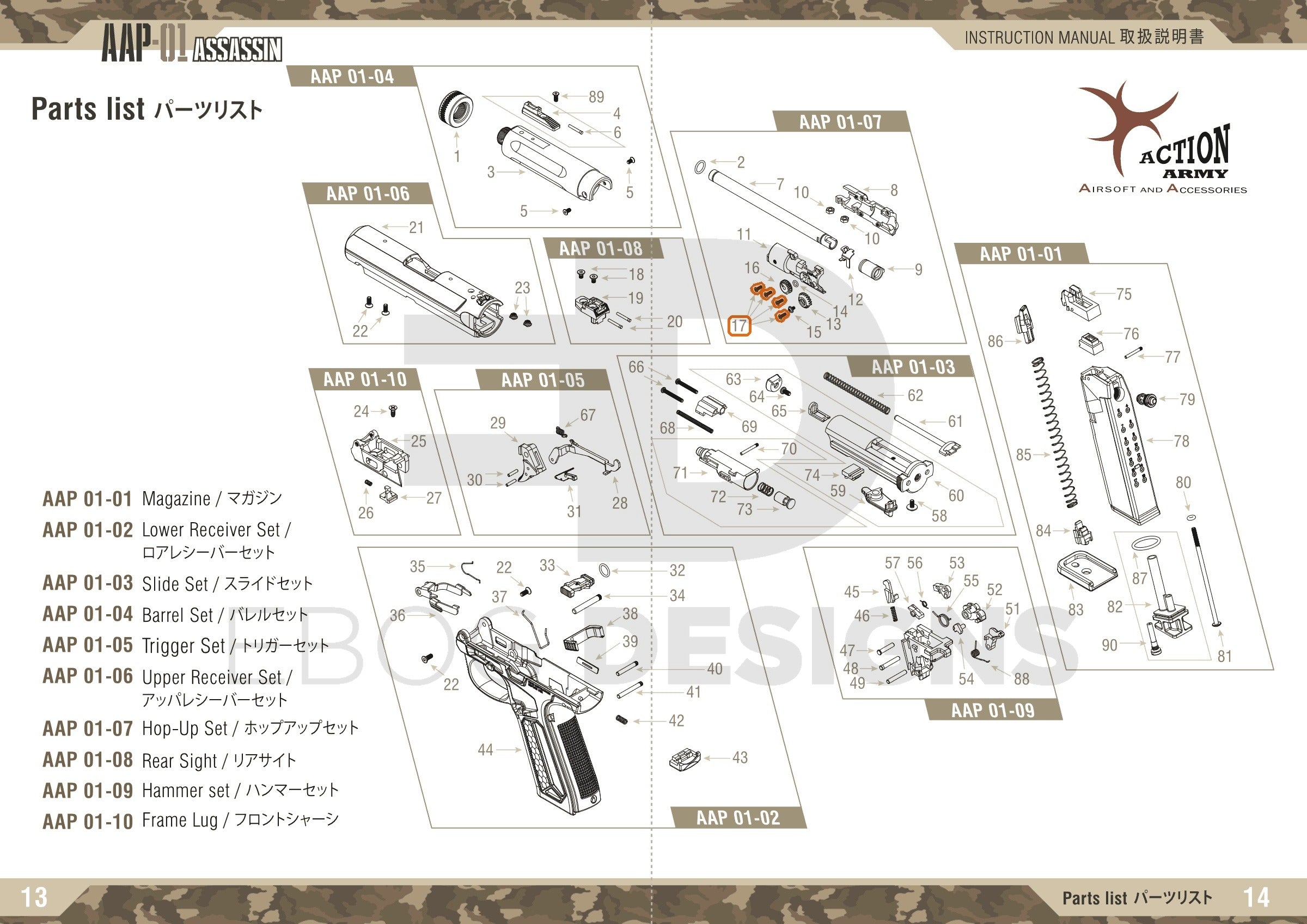 Full Action Army AAP-01 parts diagram showing where the set of four hop chamber bolts (part 17) fit