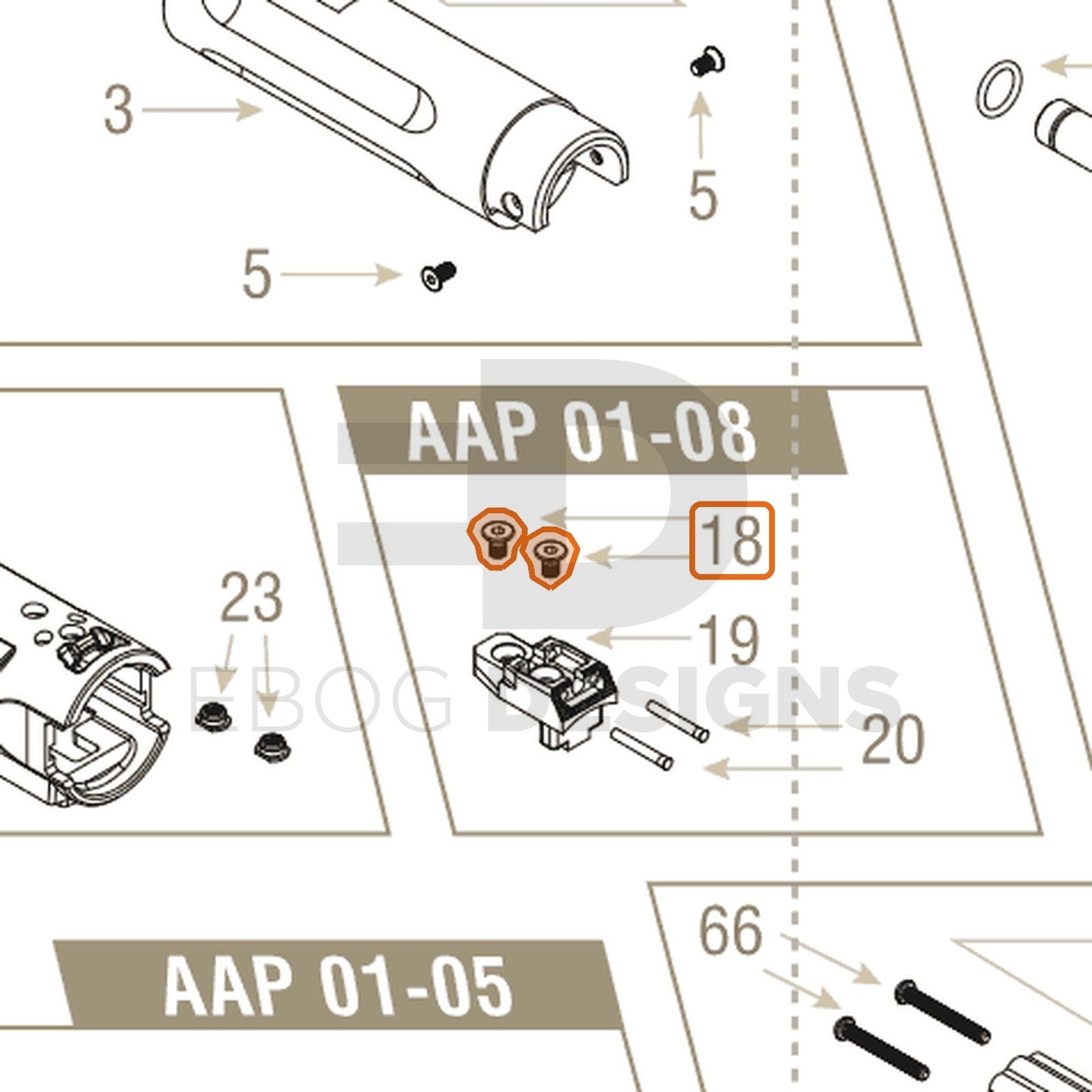 Action Army AAP-01 parts diagram with the rear sight screw (pair), part 18, outlined