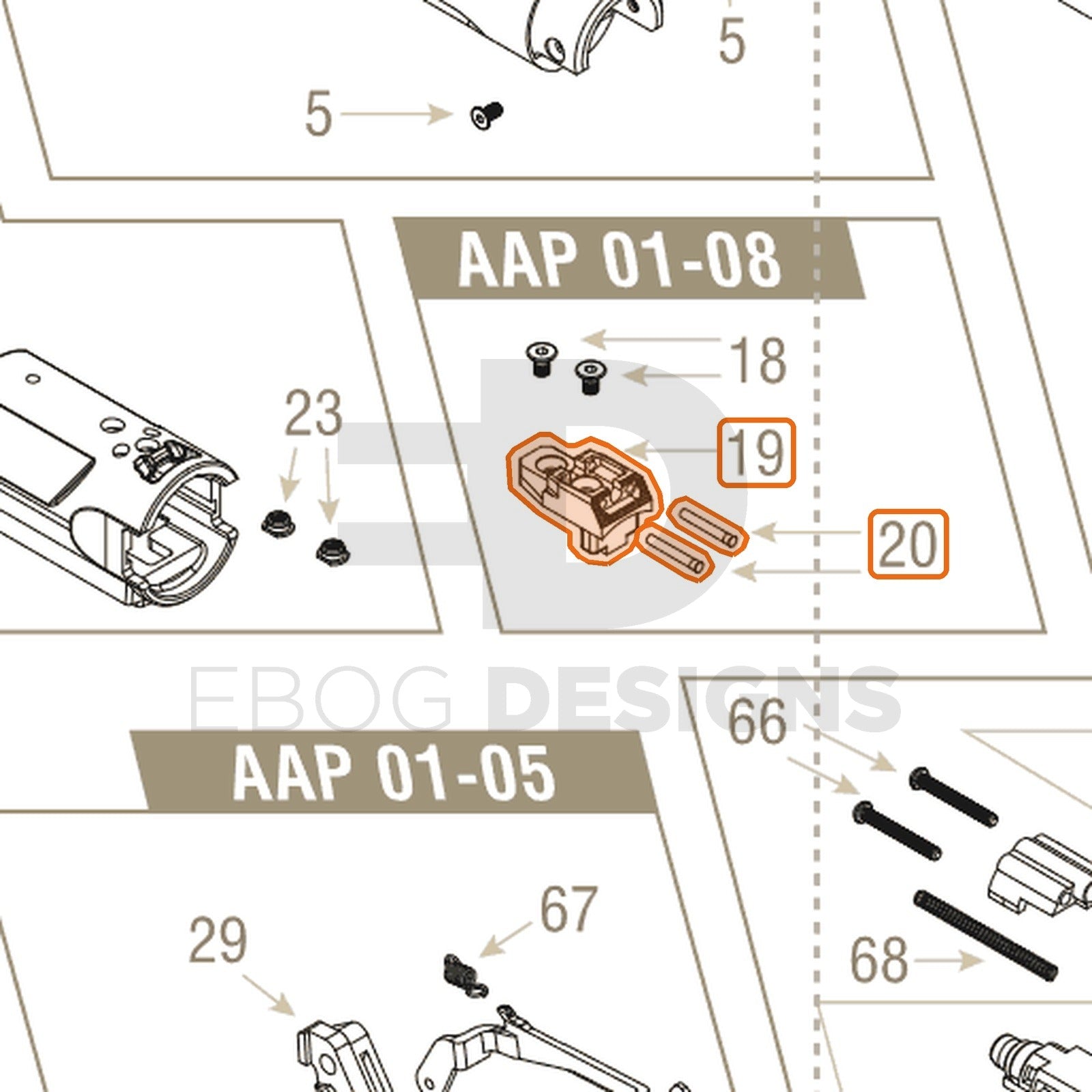 Action Army AAP-01 parts diagram with the rear sight with optics, parts 19 and 20, outlined
