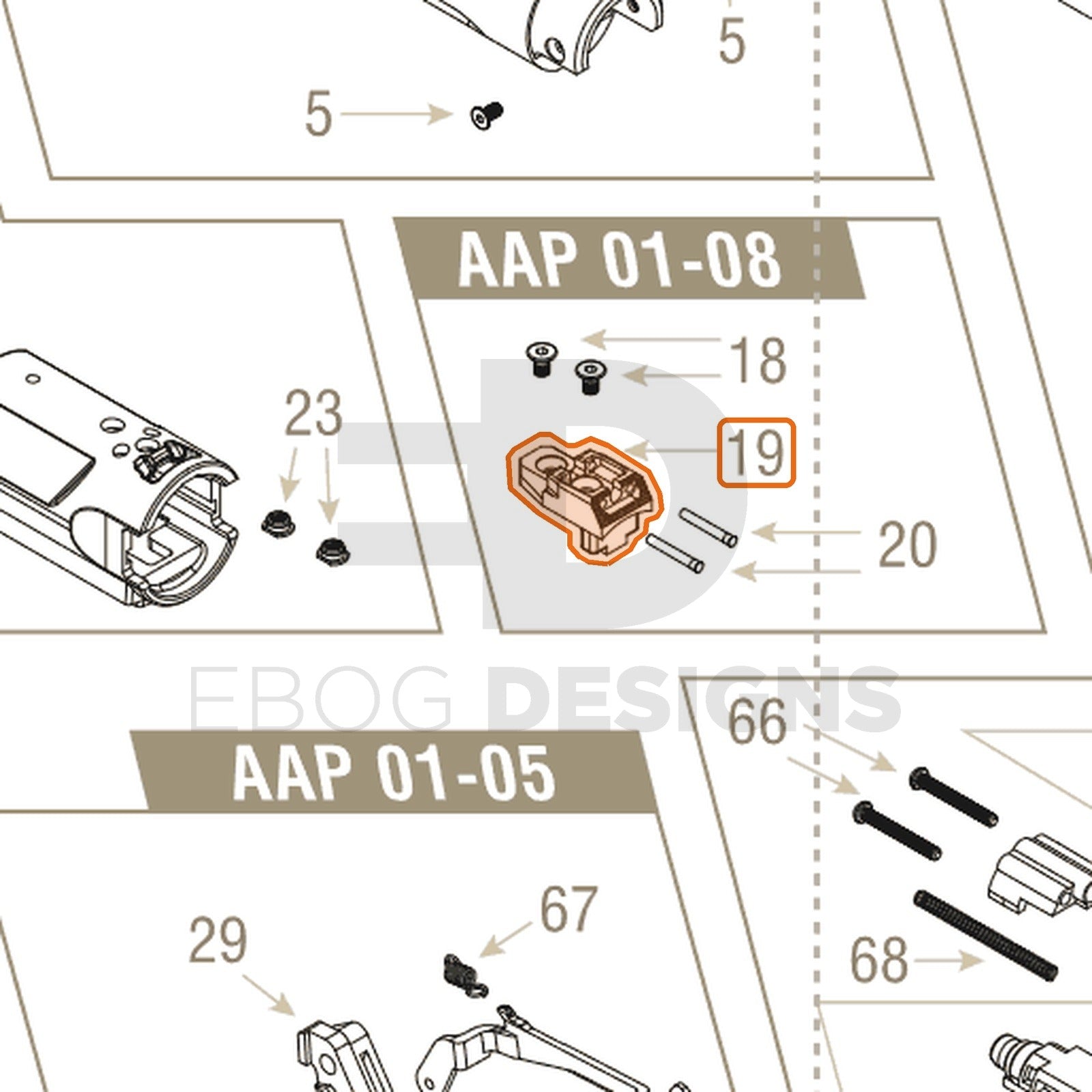 Action Army AAP-01 parts diagram with the rear sight base, part 19, outlined