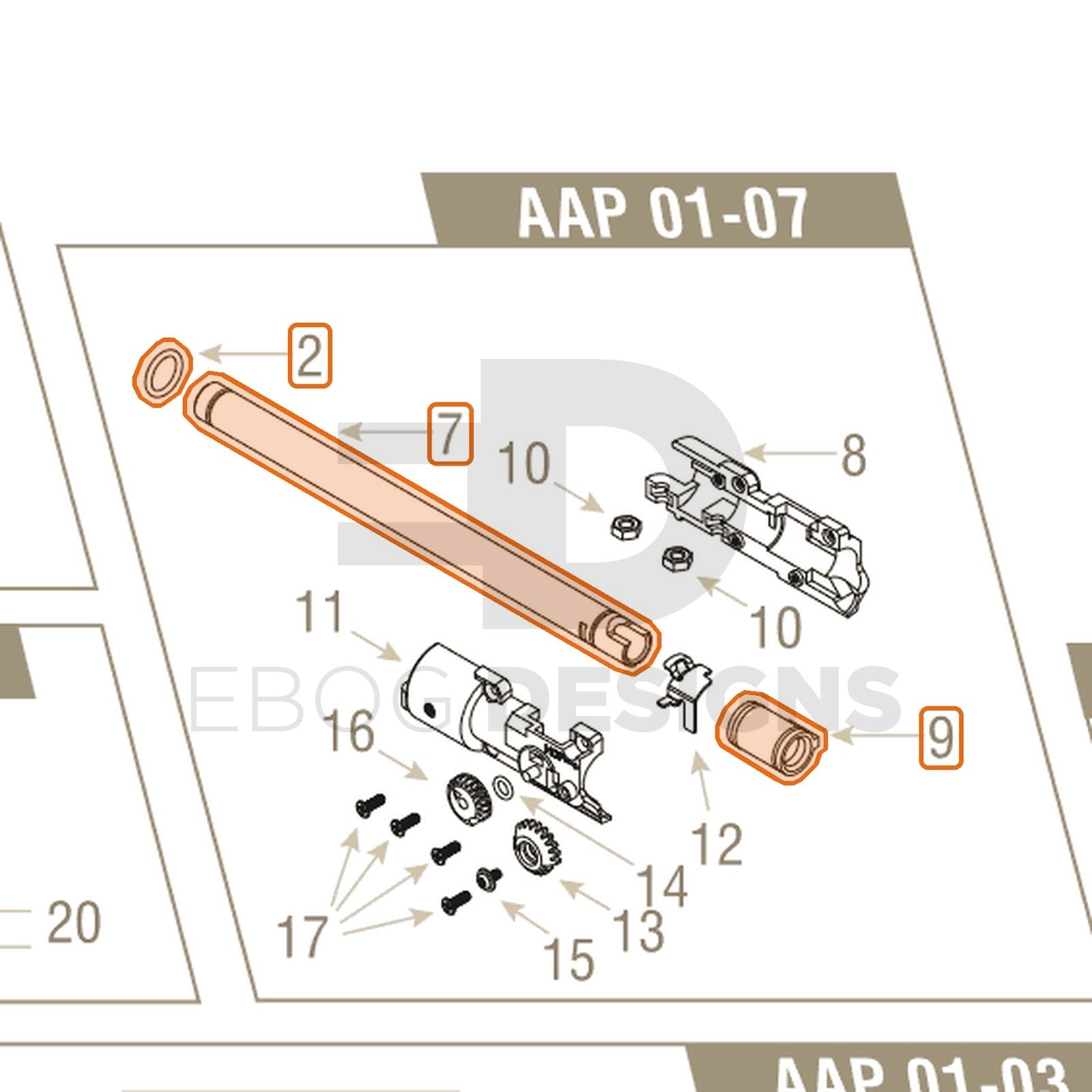 Action Army AAP-01 parts diagram with the barrel and bucking, parts 2, 7 and 9, outlined