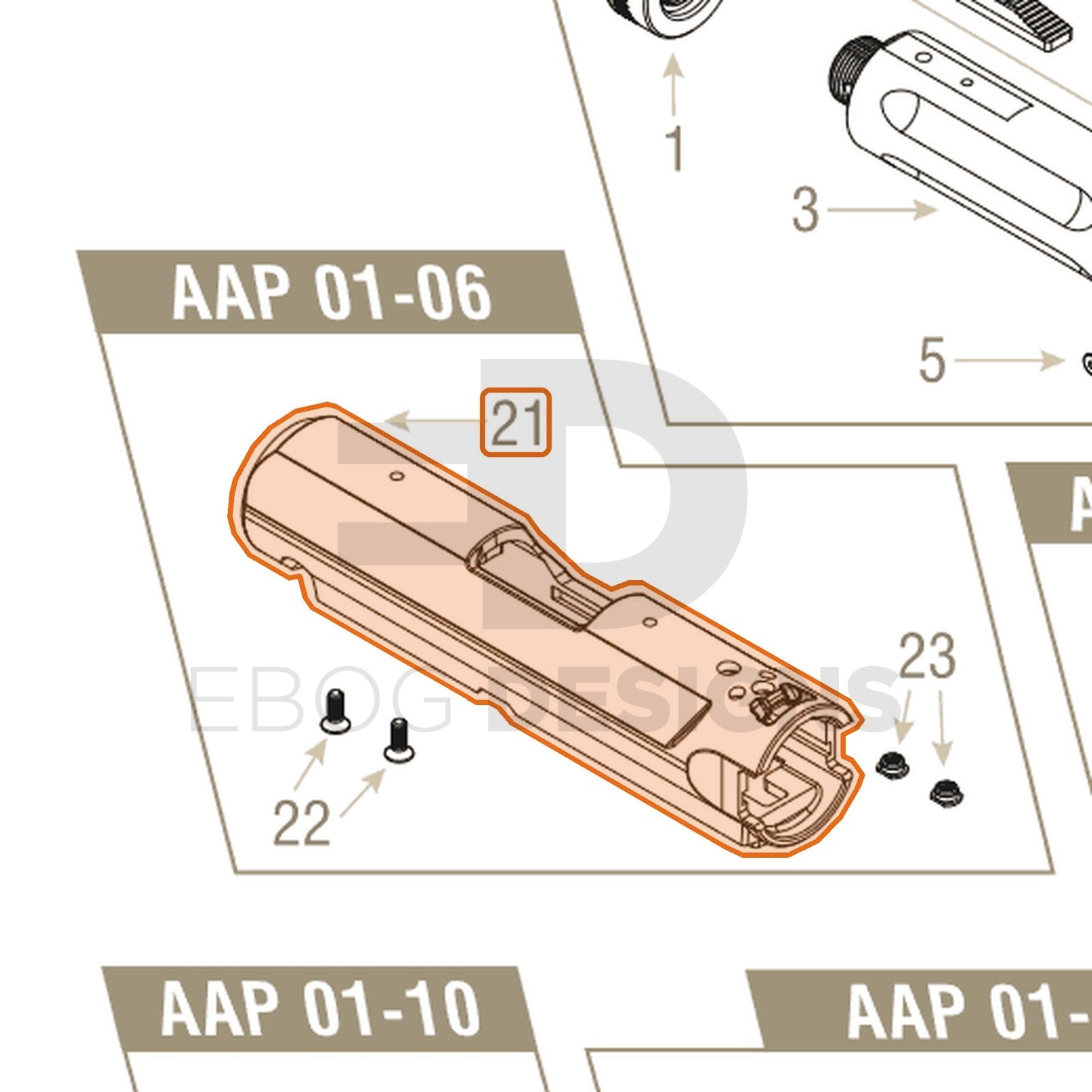 Action Army AAP-01 parts diagram with the upper receiver, part 21, outlined