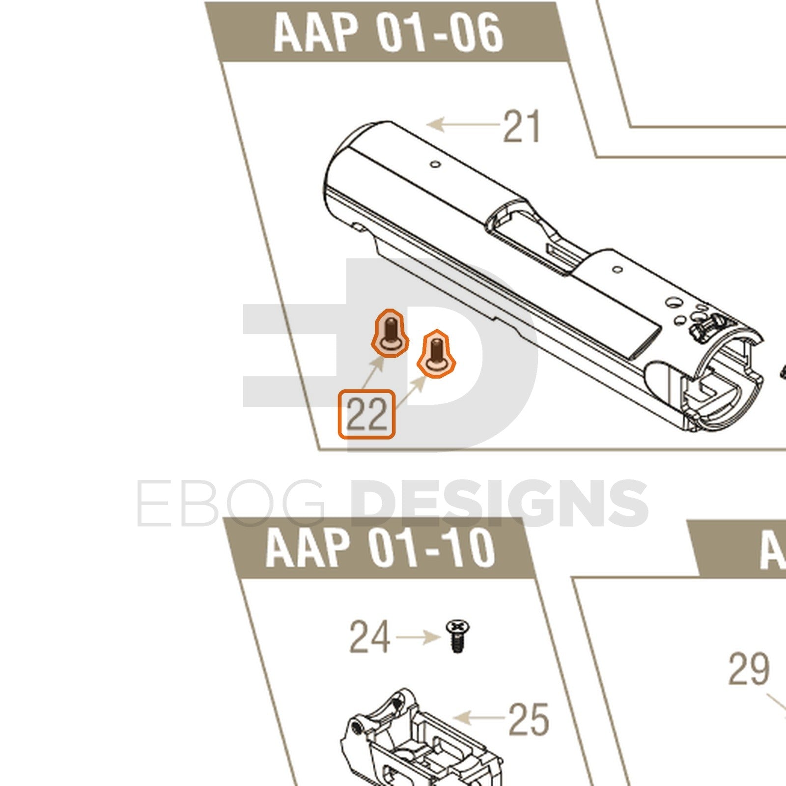 Action Army AAP-01 parts diagram with the hop chamber bottom screw (pair), part 22, outlined