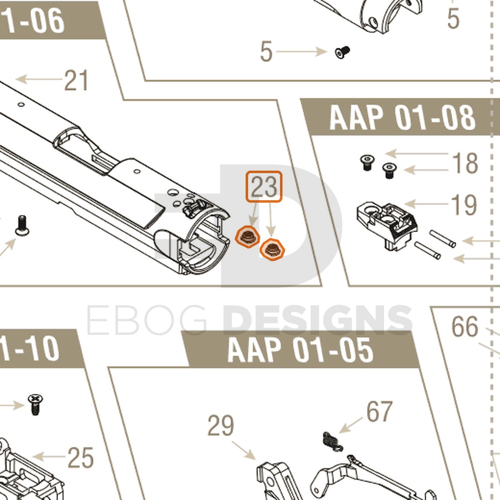 Action Army AAP-01 parts diagram with the rear sight screw base (single), part 23, outlined