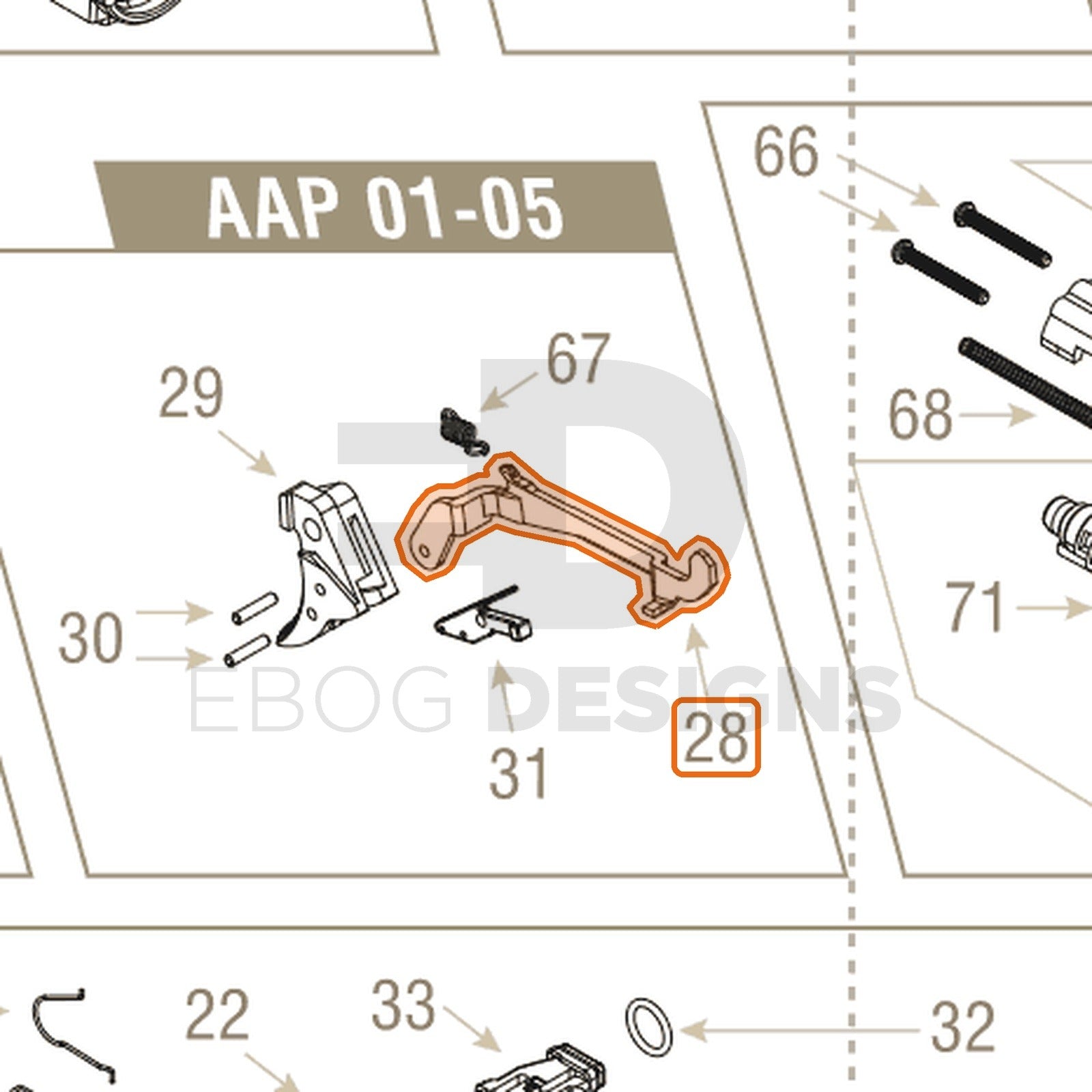 Action Army AAP-01 parts diagram with the trigger arm, part 28, outlined