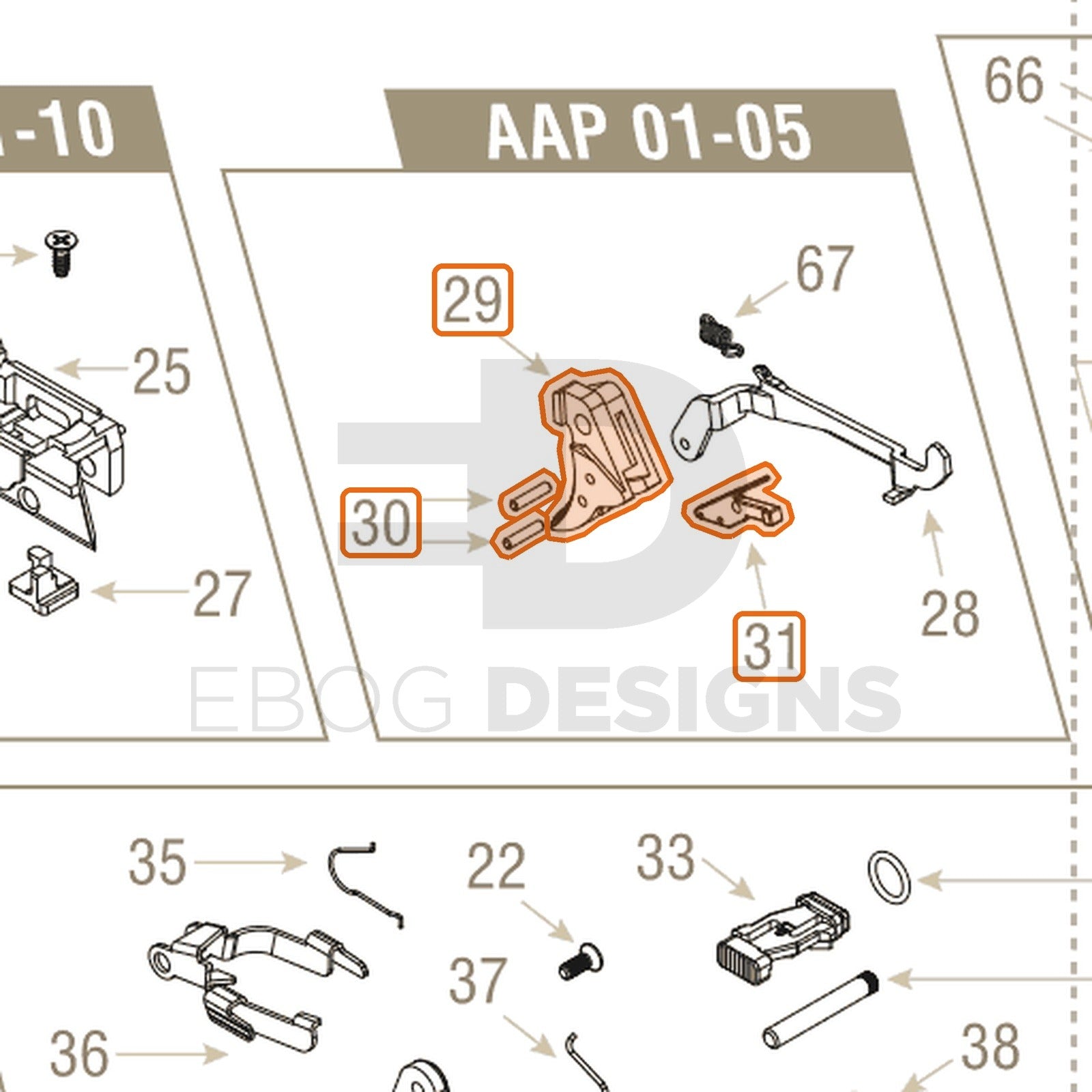 Action Army AAP-01 parts diagram with the trigger, parts 29, 30 and 31, outlined